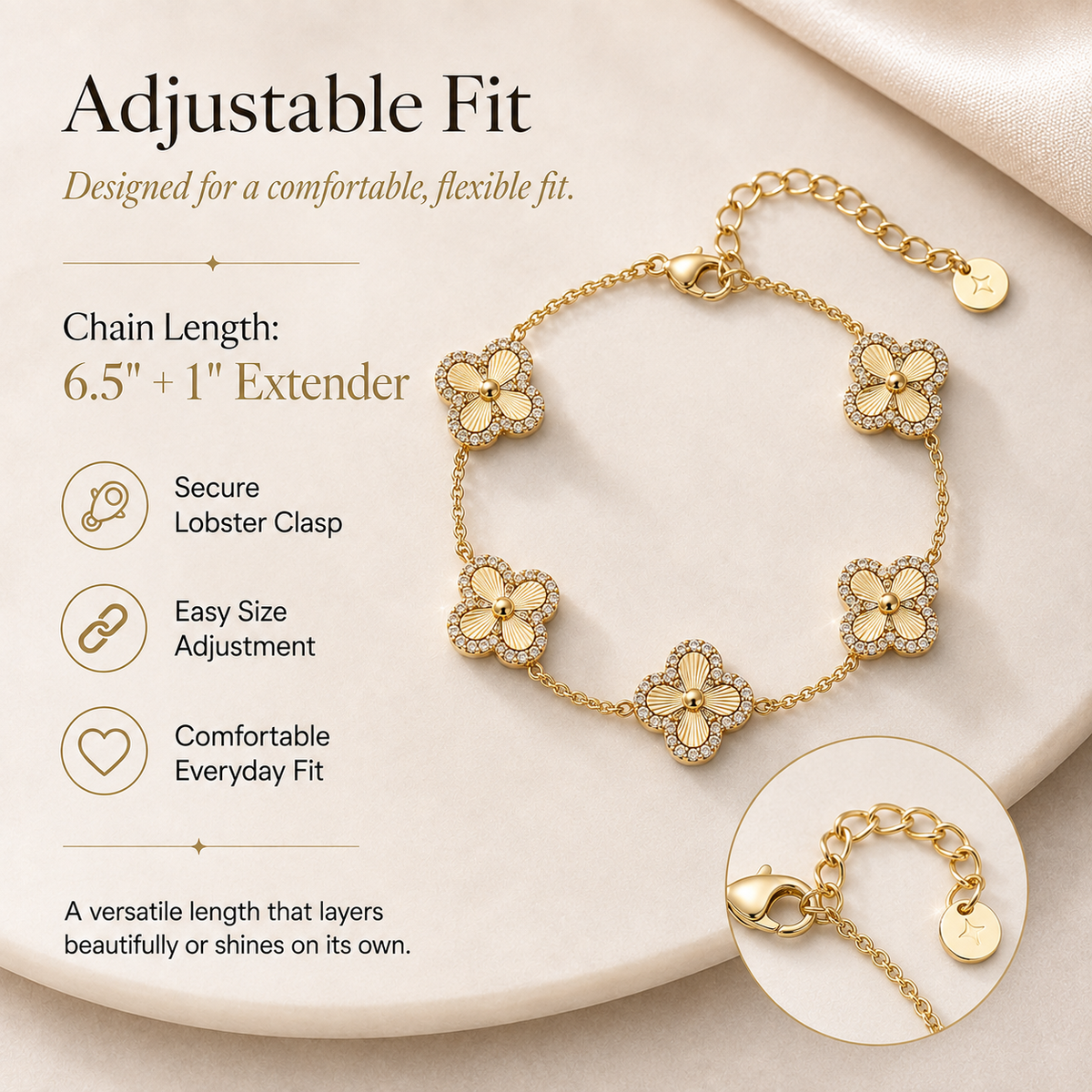 🍀 14K Gold Plated Clover Bracelet for Women – Adjustable Hypoallergenic Lucky Jewelry Gift ✨