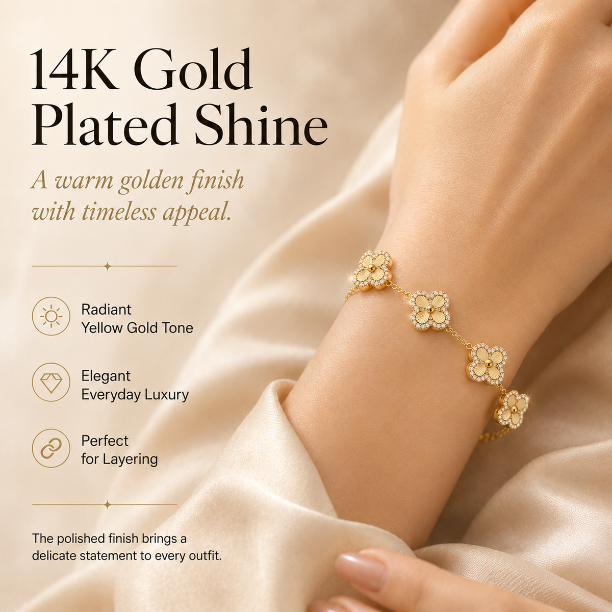 🍀 14K Gold Plated Clover Bracelet for Women – Adjustable Hypoallergenic Lucky Jewelry Gift ✨