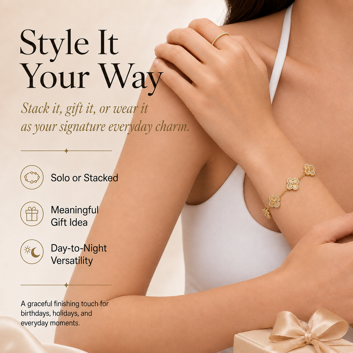 🍀 14K Gold Plated Clover Bracelet for Women – Adjustable Hypoallergenic Lucky Jewelry Gift ✨
