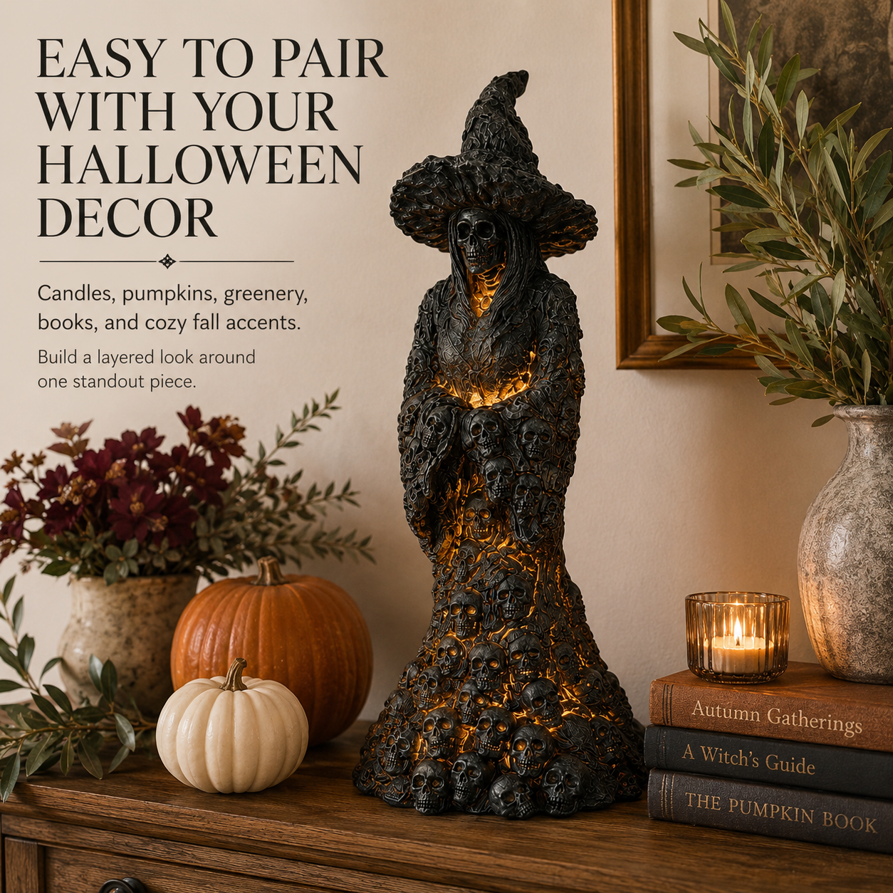 🎃 Glowing Skull Witch Halloween Statue | Cozy Spooky Indoor Decor
