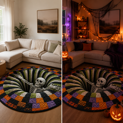 🎃 Spooky 3D Skeleton Portal Quilted Halloween Round Rug