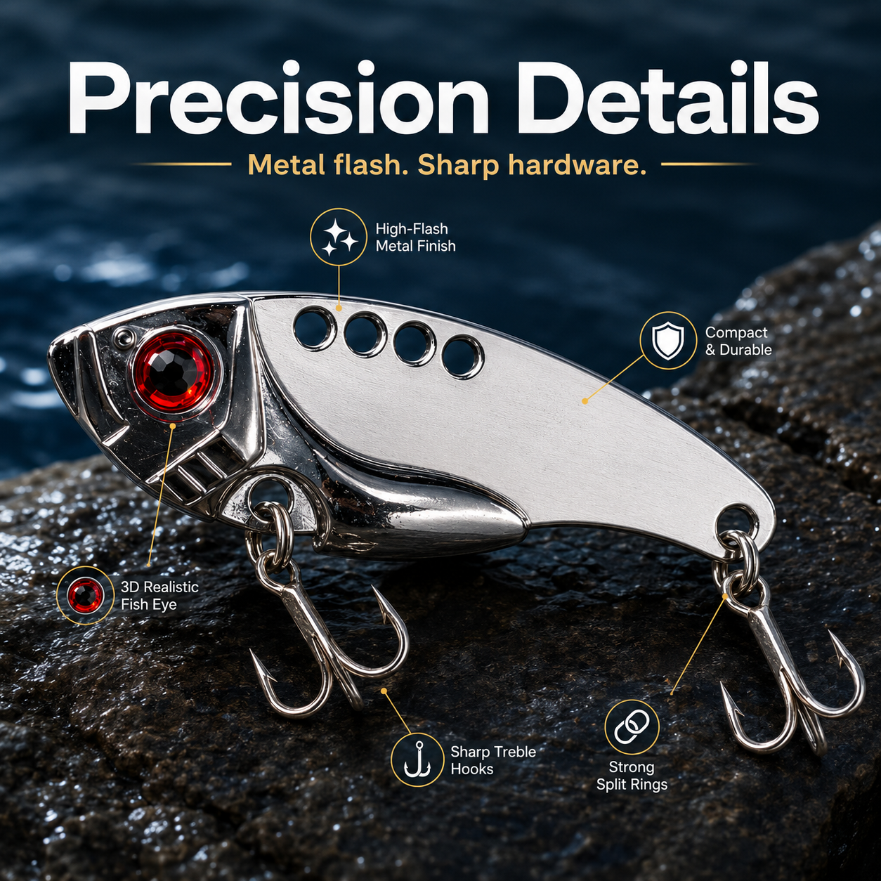 Blade-style lure with 3D red eyes; a rigid, action-adjustable spoon-style lure