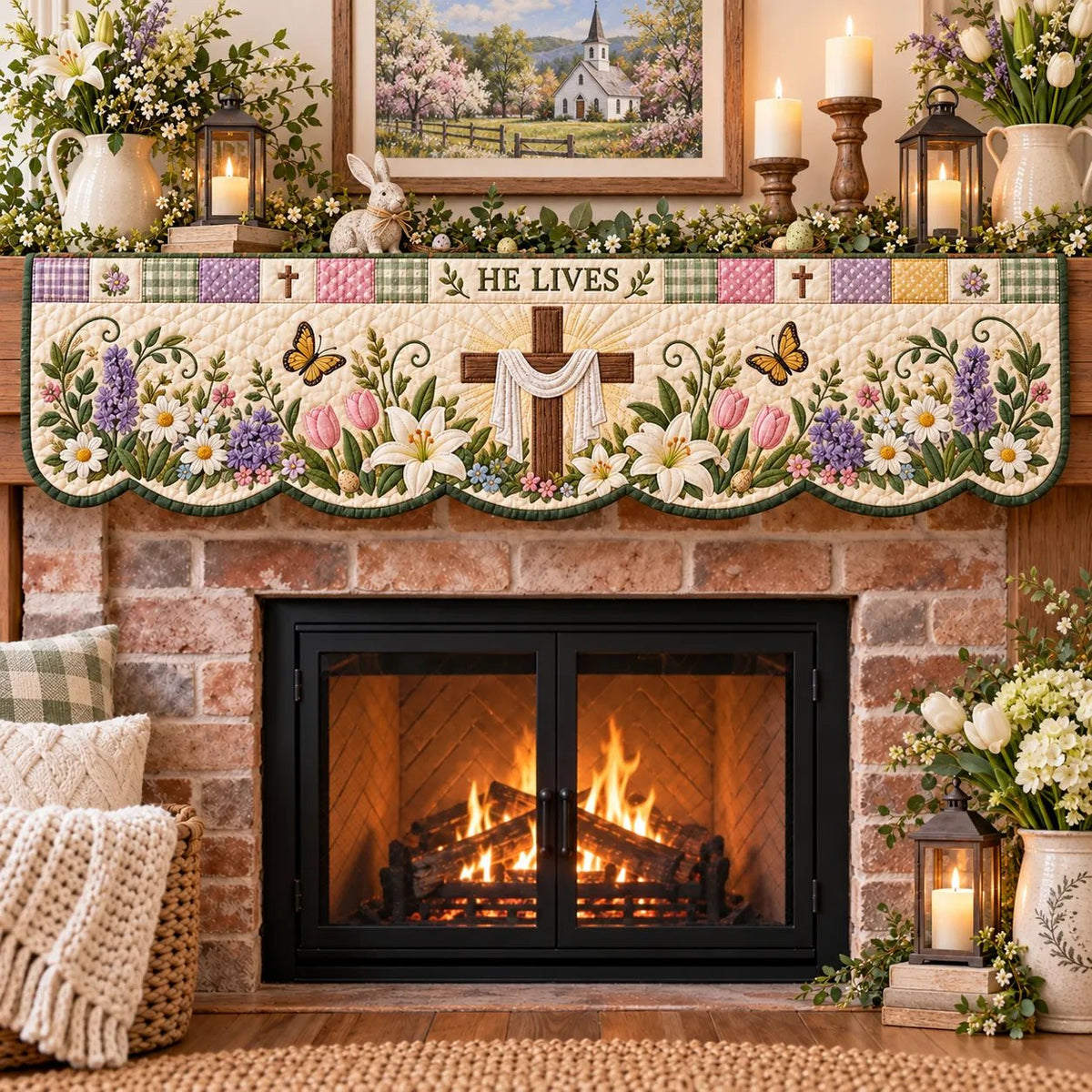 ✝️ 50% OFF Easter Faith Mantel Scarf – Christian Patchwork Fireplace Décor 🌷