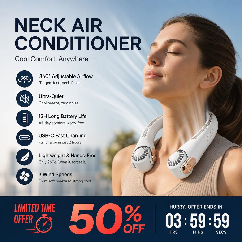 🥳2026 HOT SALE🥳💞50K+ SOLD!🍃 Neck Air Conditioner Fan – Ultra‐quiet, 360° rotating, 3 speeds. Hands‐free cooling, long battery. Summer essential! 😎🌬️