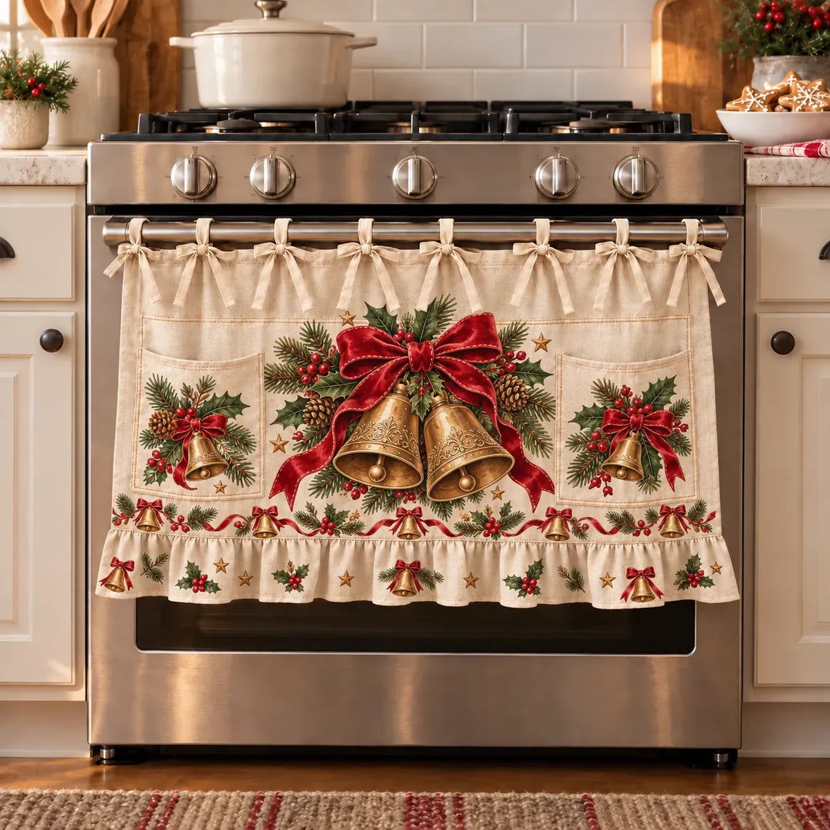 🎄 Christmas Kitchen Tie-On Skirt with Pockets & Ruffled Trim - Appliance Valance