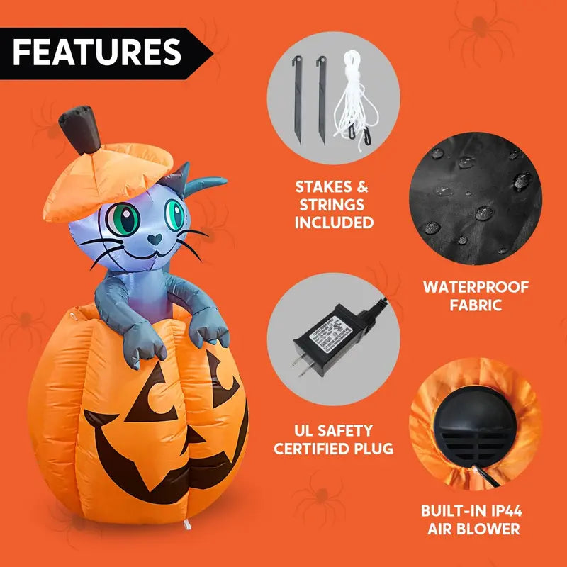 🎃 5ft Animated Inflatable Cat On Pumpkin – Light-Up Halloween Yard Decor 🐈‍⬛