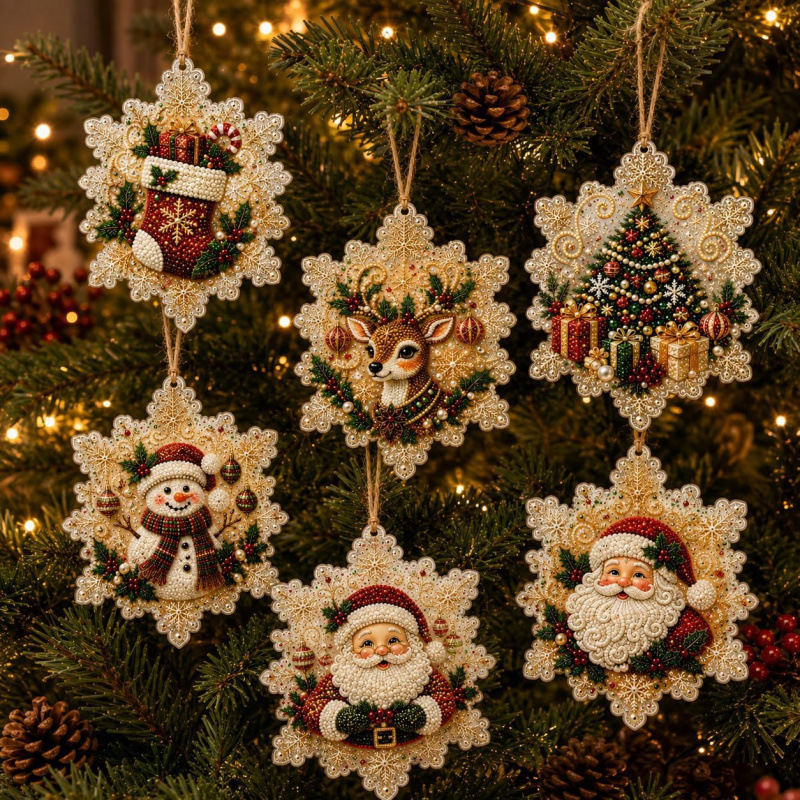 🎄 6-Piece Christmas Diamond Art Wooden Ornament Kit – DIY Pearl & Rhinestone Crafts ✨