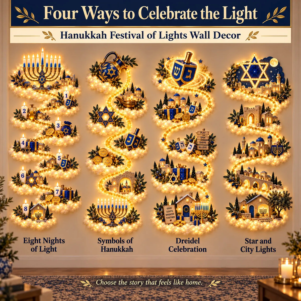 🔥🎁🕎 Hanukkah Festival of Lights Wall Decor Collection – 4 Glowing Designs Celebrating Eight Nights of Light ✨