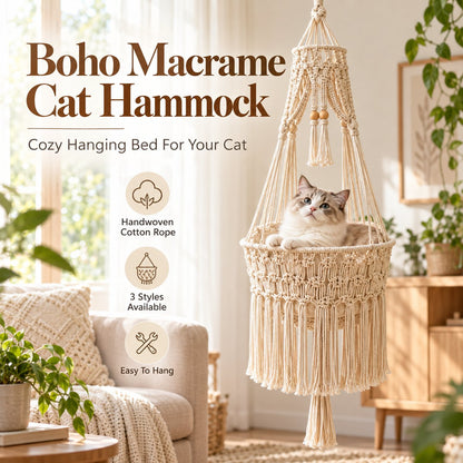 🔥 50% OFF Boho Macrame Cat Hammock 🐱 Cozy Hanging Bed for Cats