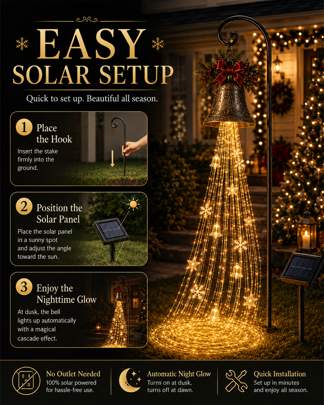 🔔 Solar Christmas Bell Cascade Yard Light with Warm LEDs ✨