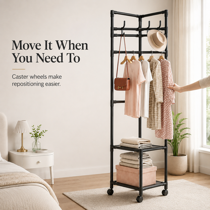 👗 Freestanding Corner Garment Rack with Wheels & Storage Shelves 👠