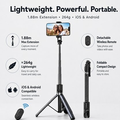 📸 1.88m Extendable Selfie Stick Tripod with Wireless Bluetooth Remote 📱