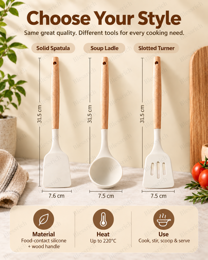 🍳 Flexible Silicone Kitchen Utensils – 3-Piece Wood Handle Cooking Set