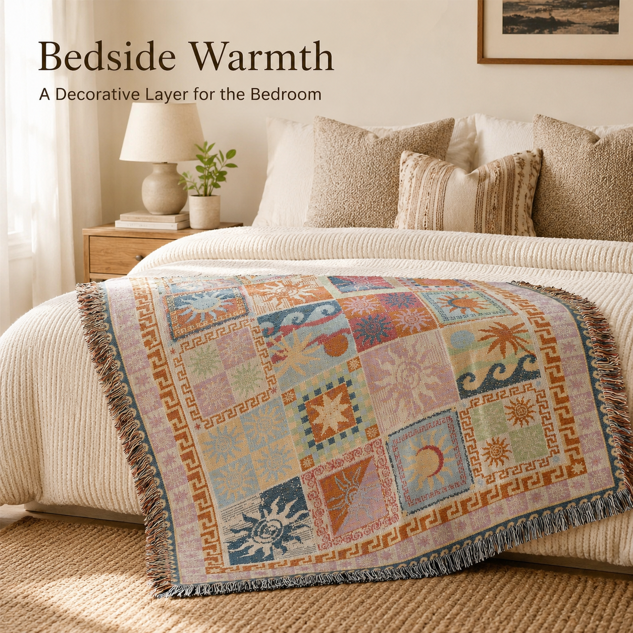 🌞 Boho Sun & Moon Celestial Patchwork Woven Blanket with Tassels 🌙