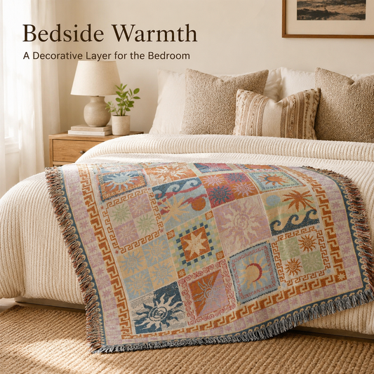 🌞 Boho Sun & Moon Celestial Patchwork Woven Blanket with Tassels 🌙