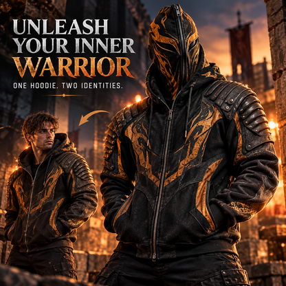 🔥 Full-Face Zip Hoodie – Armor-Inspired Fleece Streetwear with Quilted Shoulders