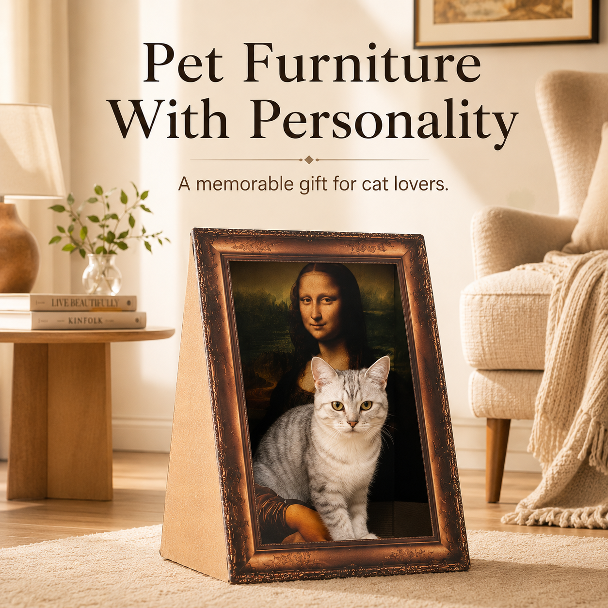🖼️ Art-Inspired Framed Cardboard Cat House with Scratching Board 🐱