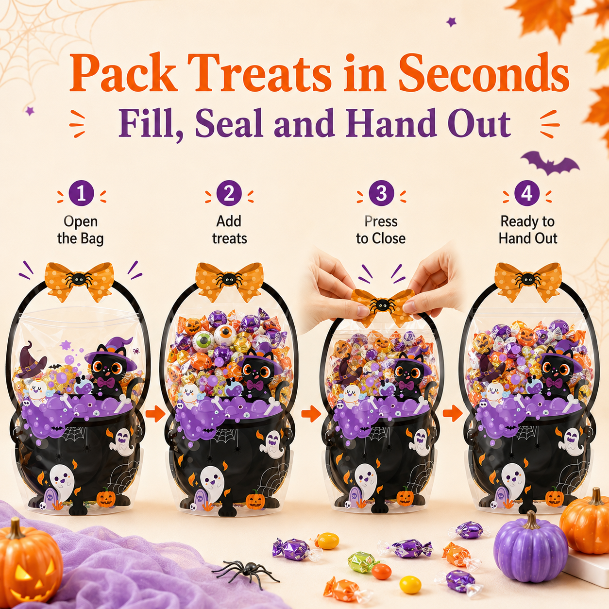 🎃 50-Piece Resealable Halloween Treat Bags with Handles for Candy 🍬