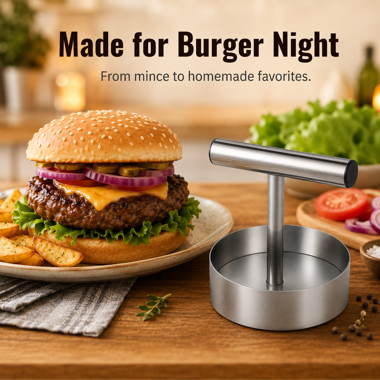 🍔 Stainless Steel Burger Patty Press Set – 85mm T-Handle Meat Mold Maker 🔥