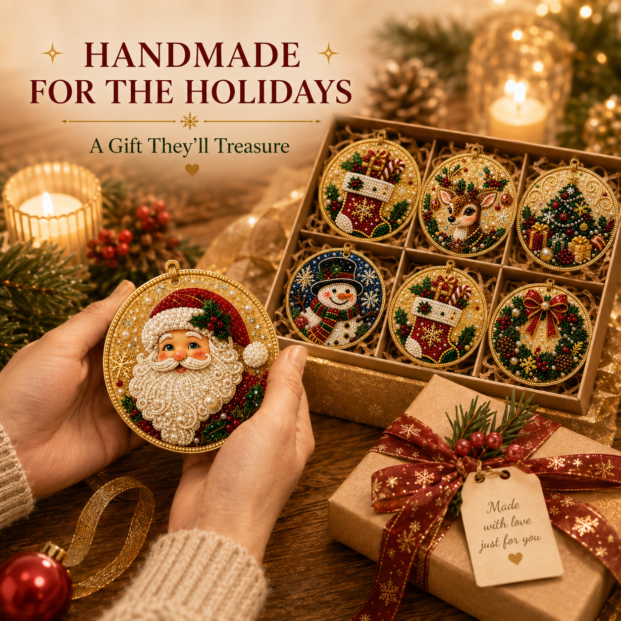 🎄 6-Piece Christmas Diamond Art Wooden Ornament Kit – DIY Pearl & Rhinestone Crafts ✨