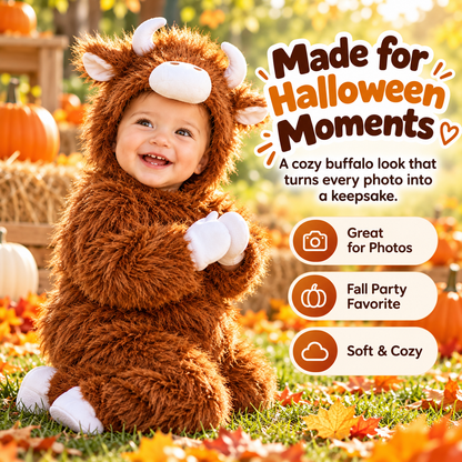 🦬 Baby Buffalo Halloween Costume – Cozy Plush Hooded Animal Jumpsuit for First Halloween Photos