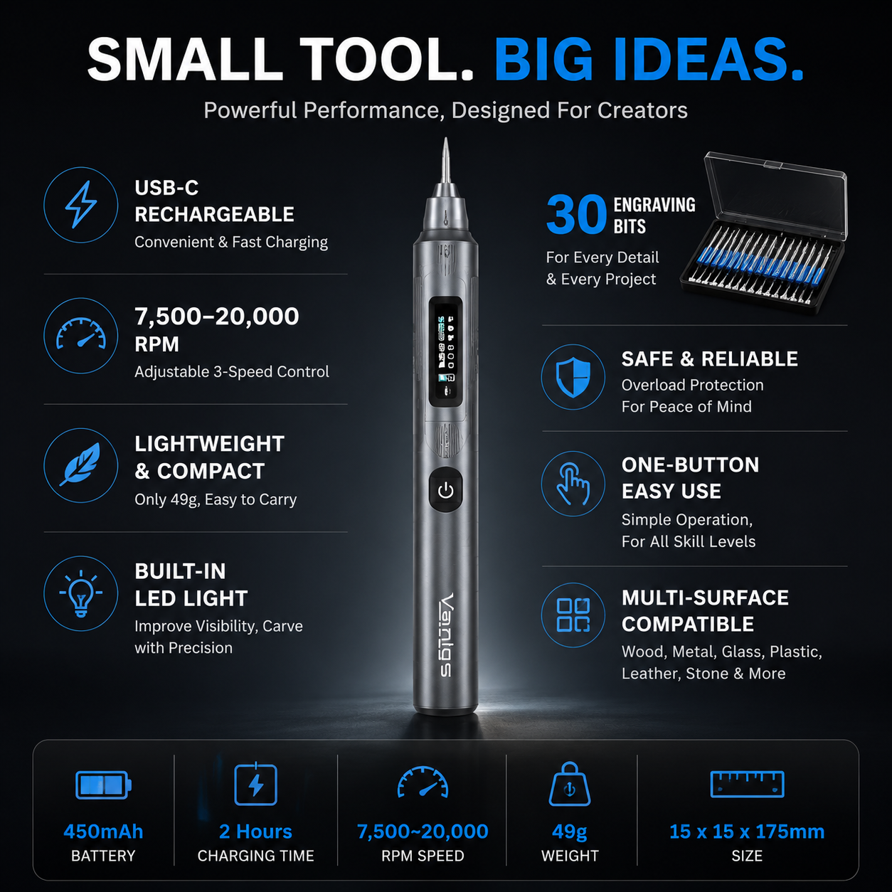 🖊️ Cordless Electric Engraving Pen Kit with 30 Bits and LED Light ⚡