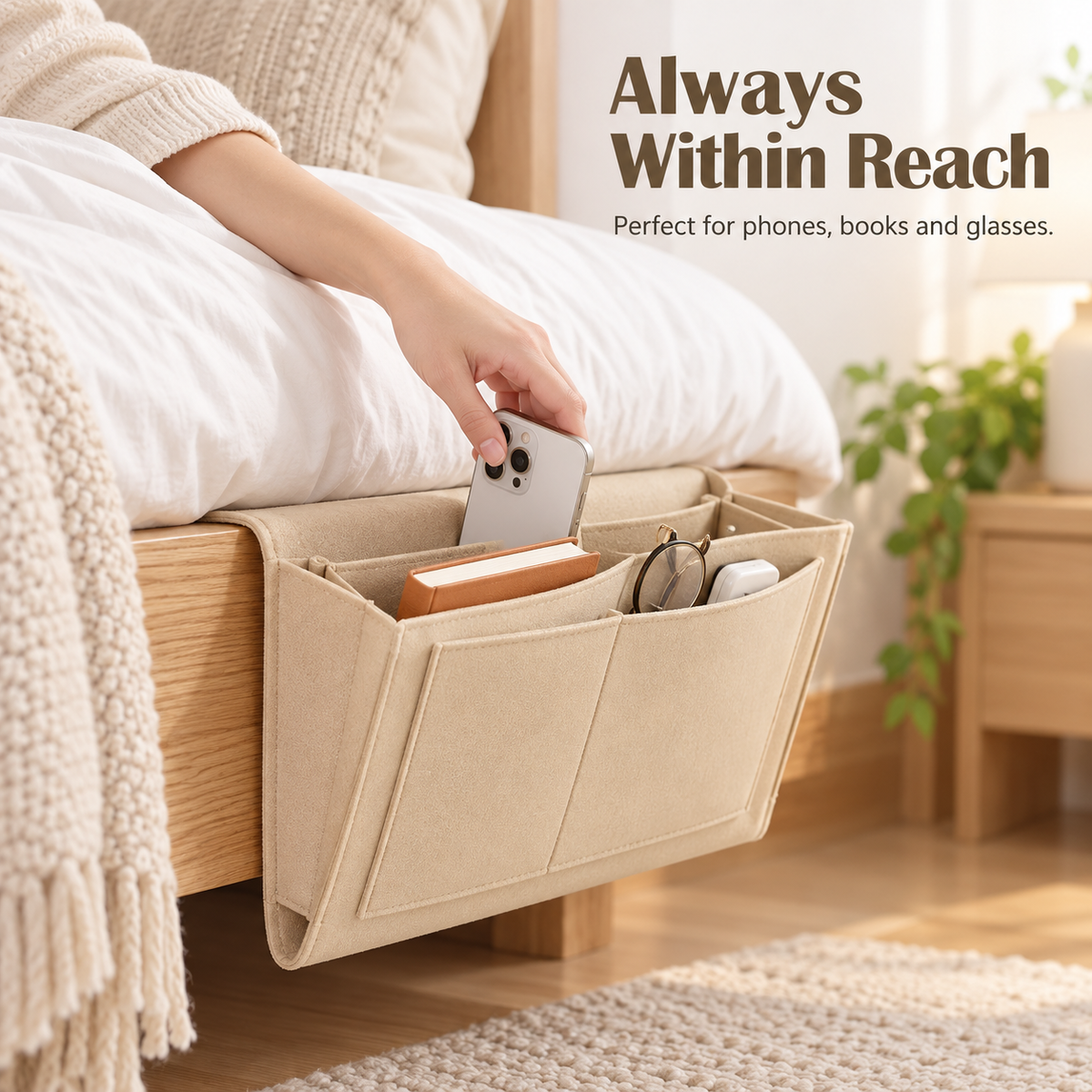 🛏️ Hanging Felt Bedside Caddy Organizer – 5-Pocket Mattress & Sofa Storage ✨