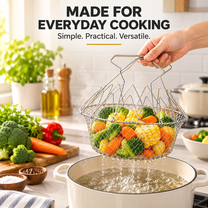 🔥 BUY 1 GET 1 FREE – Foldable Stainless Steel Frying Basket & Colander ✨