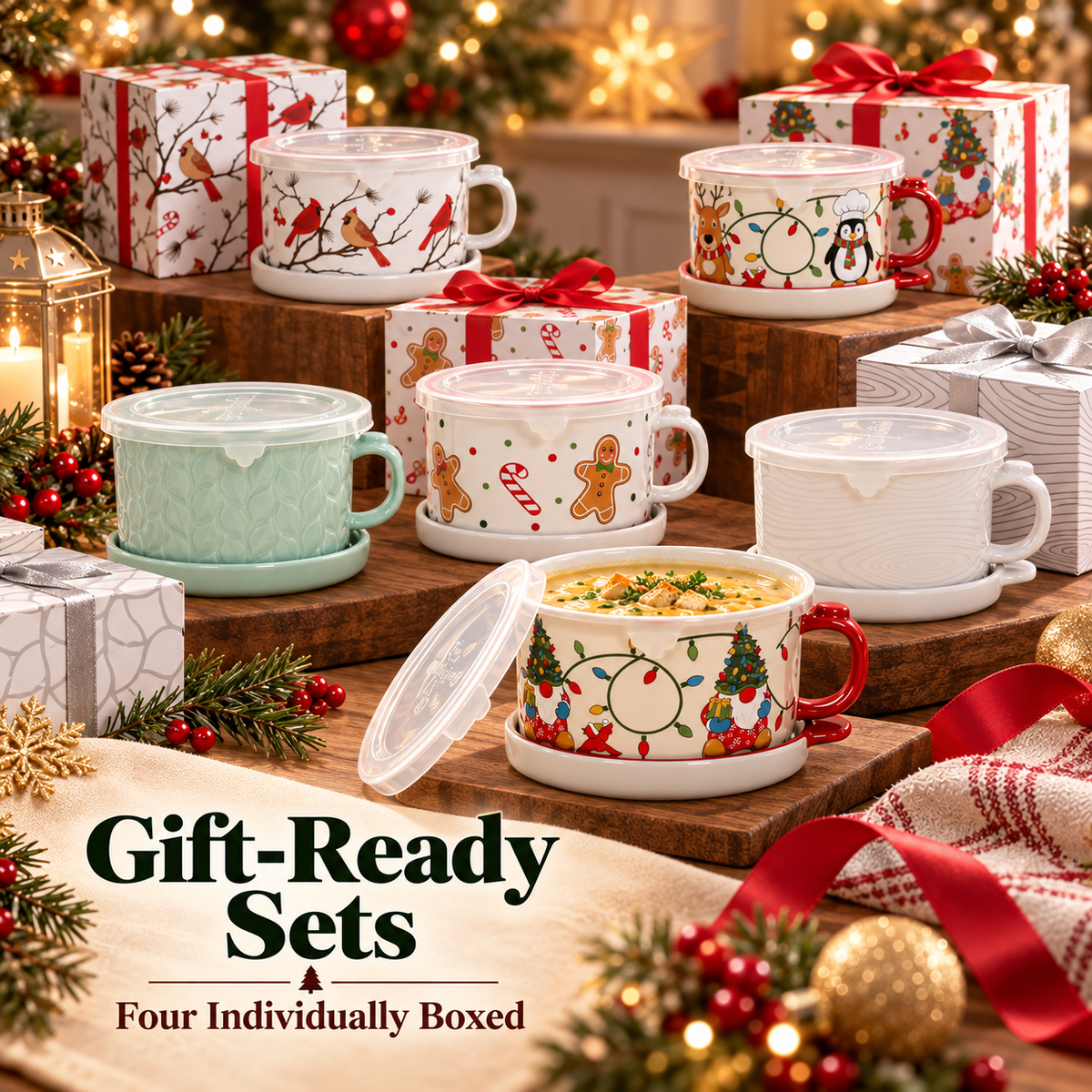 🥣 4-Piece 25-oz Ceramic Soup Mug Meal Sets with Lid-its & Storage Covers 🎁