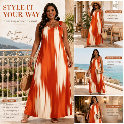 💃 Women's Sleeveless Printed Ring-Strap Loose Maxi Dress with Pockets 🌴