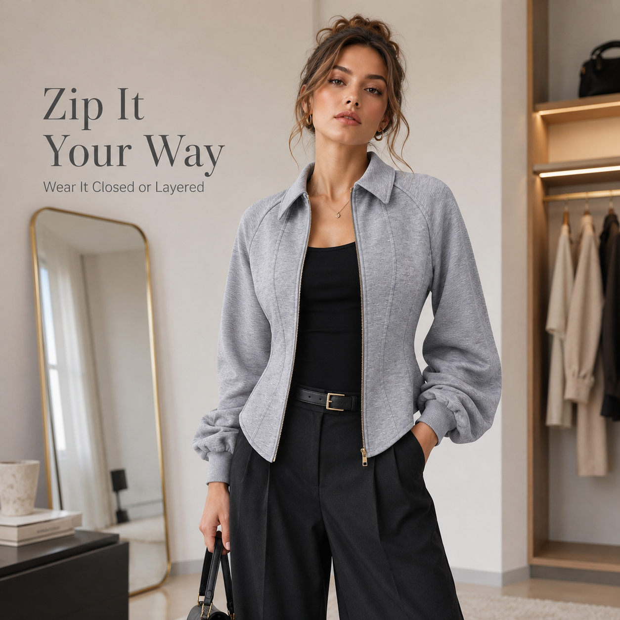 🧥 Womens Sculpted Grey Zip Jacket Corset Paneling Long Sleeve Streetwear Coat ✨