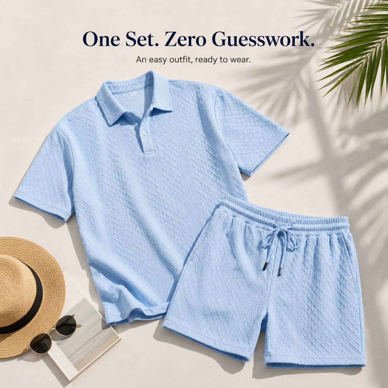 👔 Mens Textured Short Sleeve Polo Shirt and Drawstring Shorts 2 Piece Set 🩳
