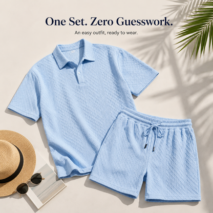 👔 Mens Textured Short Sleeve Polo Shirt and Drawstring Shorts 2 Piece Set 🩳