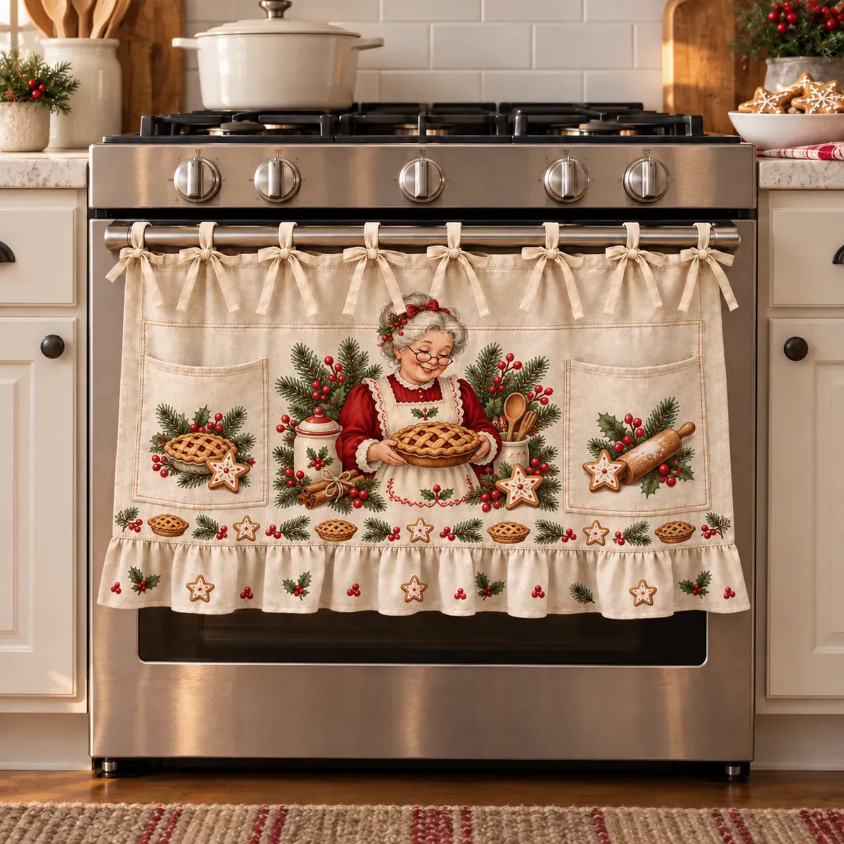 🎄 Christmas Kitchen Tie-On Skirt with Pockets & Ruffled Trim - Appliance Valance