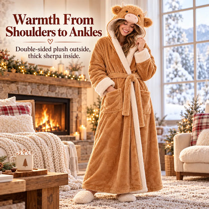🐮 Cozy Highland Cow Hooded Plush Robe ✨ Your Winter Just Got Fluffier!