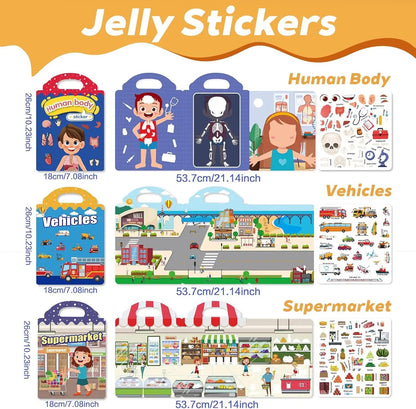 🧠📚Reusable Jelly Sticker Book for Toddlers 2-5, Portable Silicone Quiet Activity Travel Toy🎨