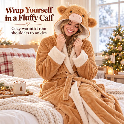 🐮 Cozy Highland Cow Hooded Plush Robe ✨ Your Winter Just Got Fluffier!