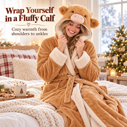 🐮 Cozy Highland Cow Hooded Plush Robe ✨ Your Winter Just Got Fluffier!
