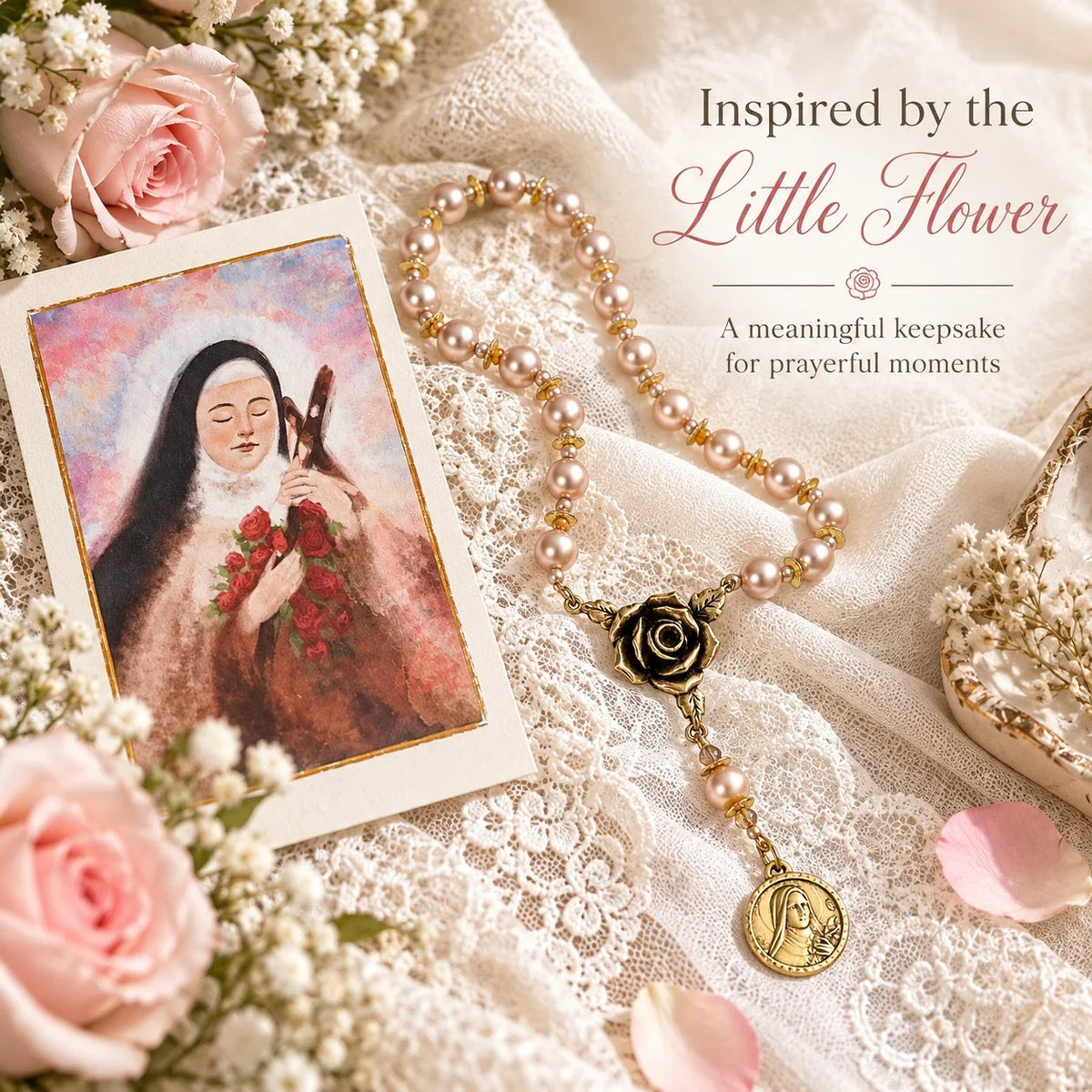 🌹 St Therese Little Flower Rose Novena Chaplet - Catholic Devotional Rosary Beads ✝️