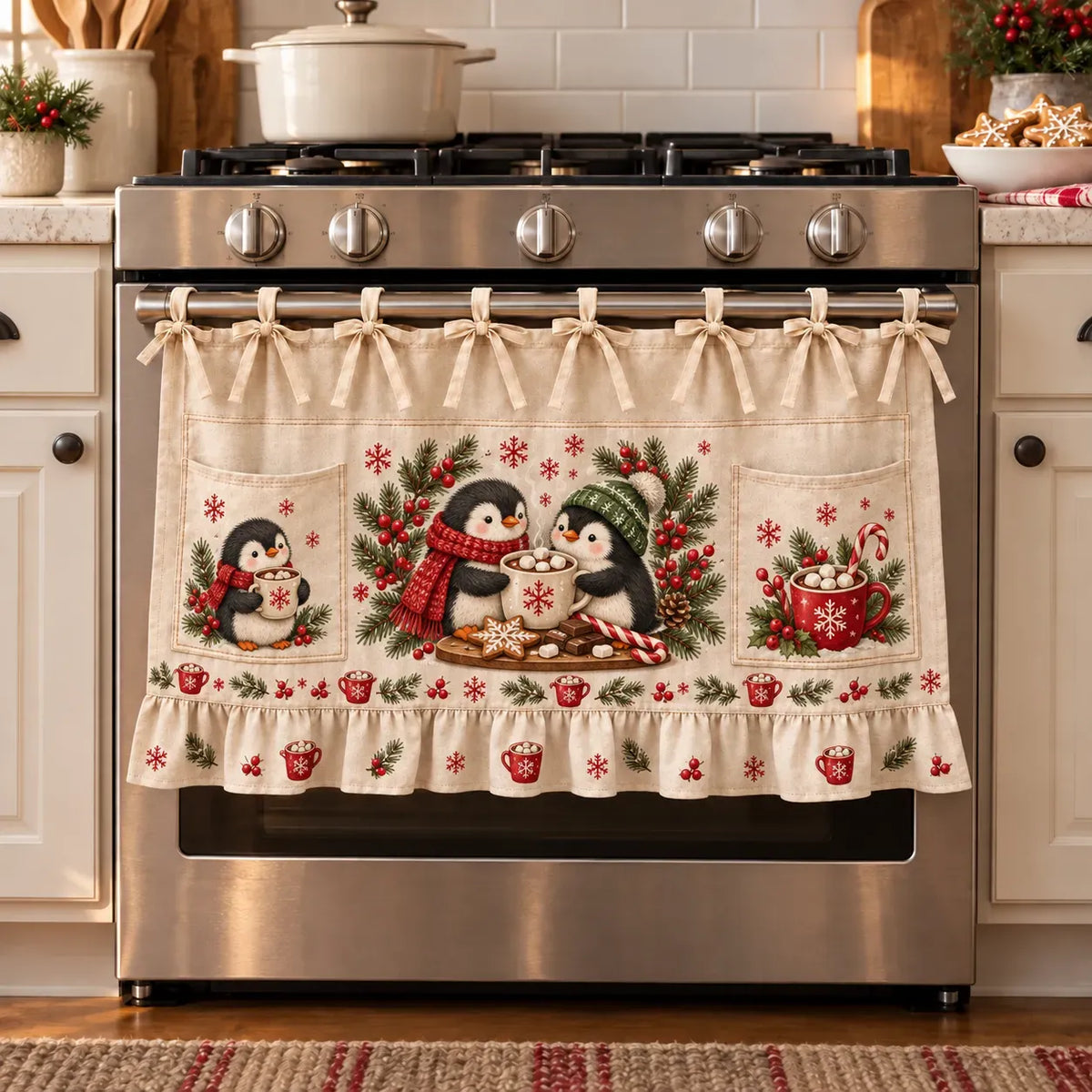 🎄 Christmas Kitchen Tie-On Skirt with Pockets & Ruffled Trim - Appliance Valance