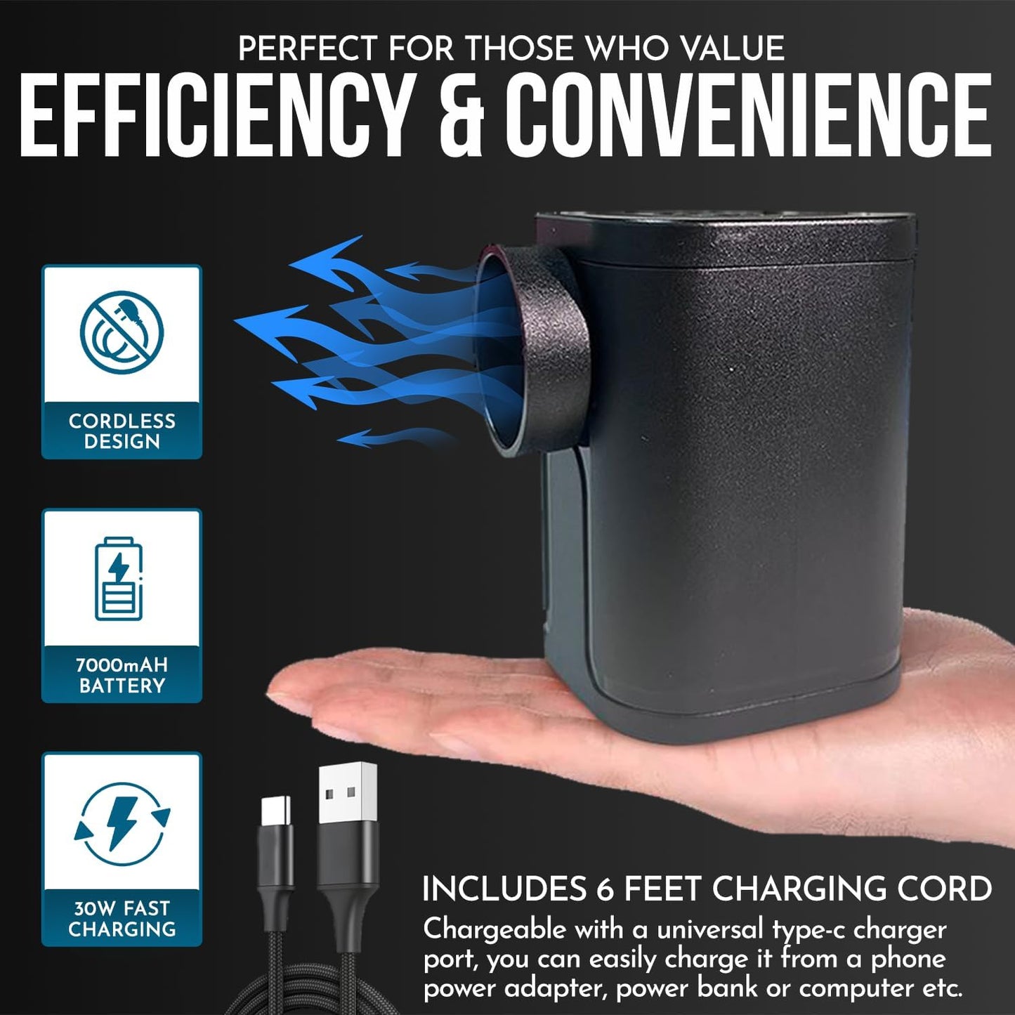 Portable mini air pump, rechargeable, comes with a storage bag and a 6-foot charging cable