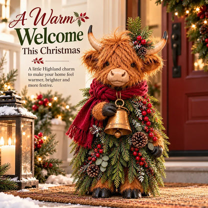 🎄 Christmas Highland Cow Figurine 🔔 Vintage Bell, Burgundy Scarf & Evergreen Accents