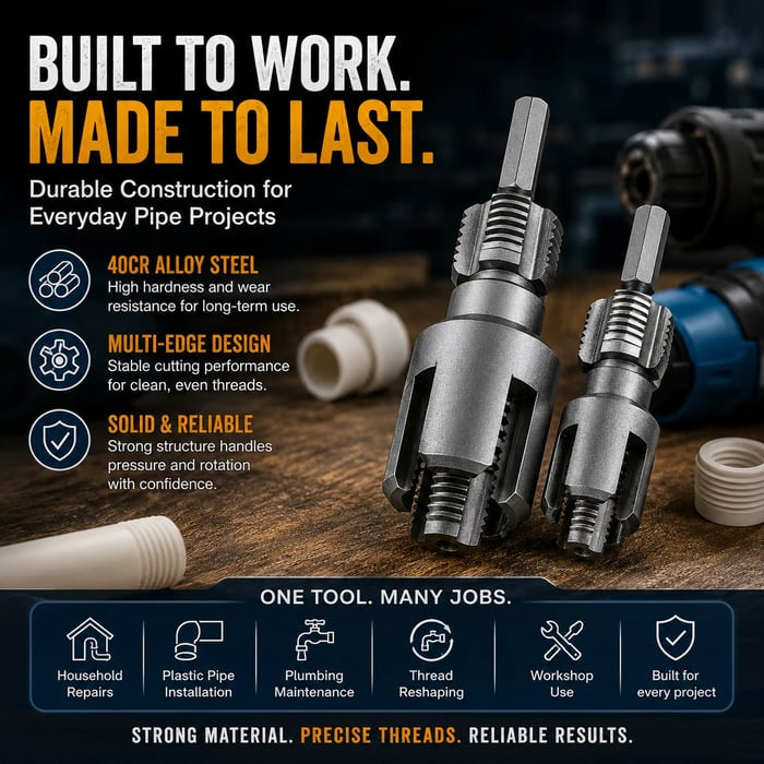 ⚡Drill-Powered Pipe Thread Cutting Bit — Internal & External Threading for 1/2' & 3/4' Plastic Pipes