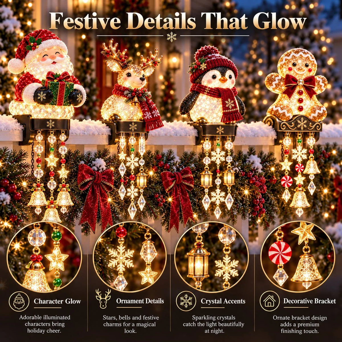 🎄 Christmas Porch Railing Lights – 4 Festive Character Designs