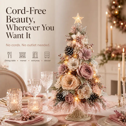 🌸 Pre-Decorated Blush Floral Tabletop Christmas Tree – Cordless Romantic Holiday Decor ✨