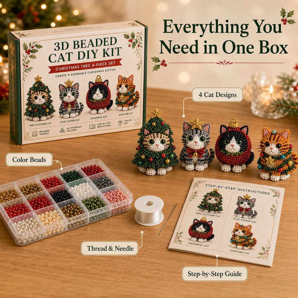 🎄 3D Beaded Christmas Cat DIY Craft Kit Set of 4 Handmade Ornaments 🐱