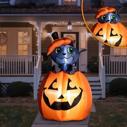 🎃 5ft Animated Inflatable Cat On Pumpkin – Light-Up Halloween Yard Decor 🐈‍⬛