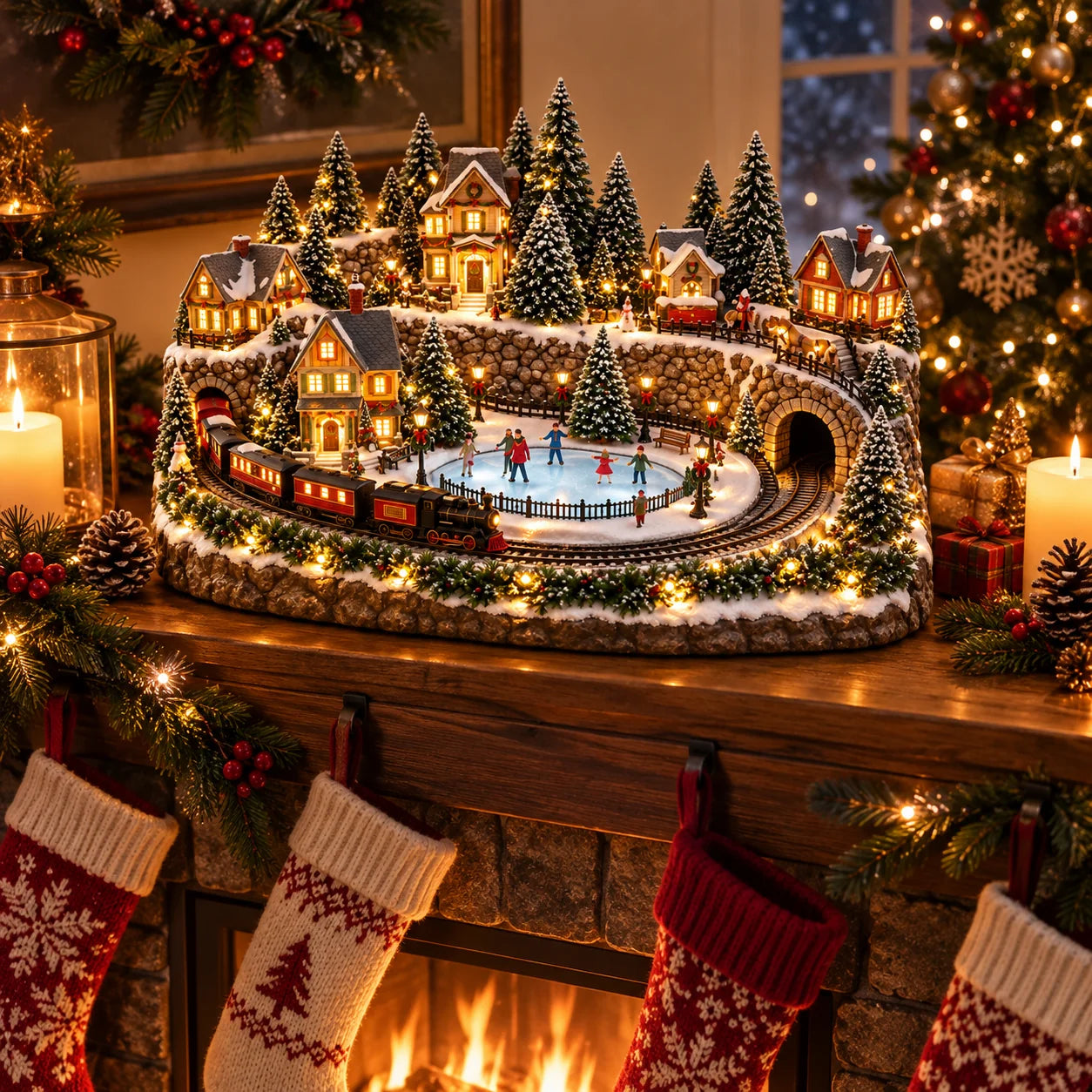 Snowy Christmas Village displayed on mantel