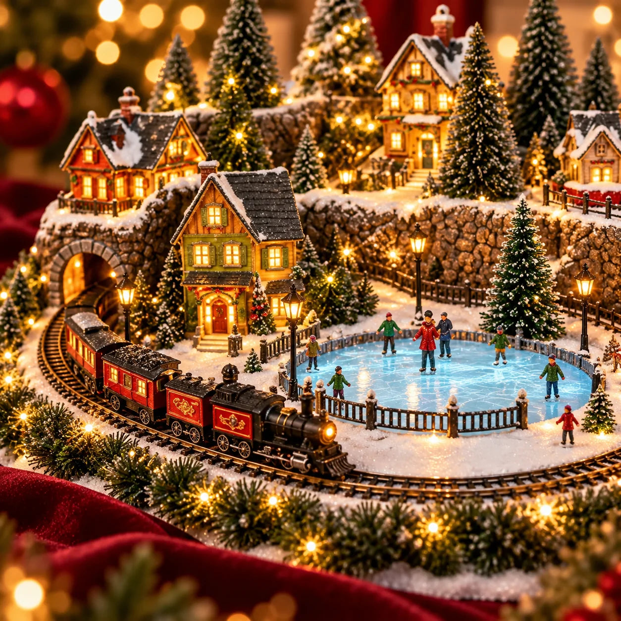 Close view of Snowy Christmas Village train and skating scene