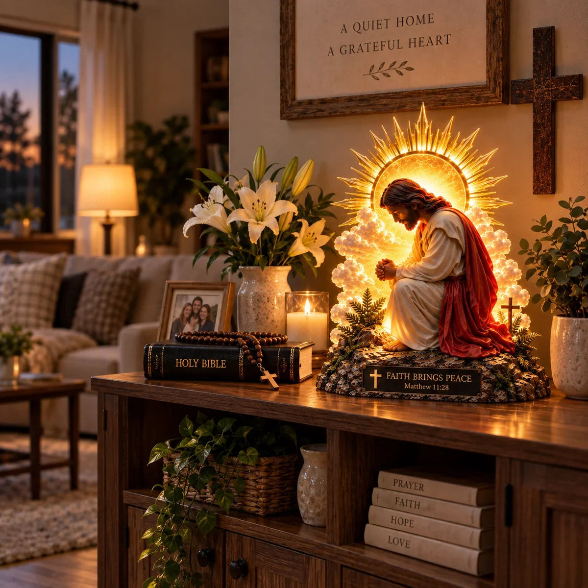 ✨🙏 Faith Brings Peace™ — Illuminated Praying Jesus Figurine